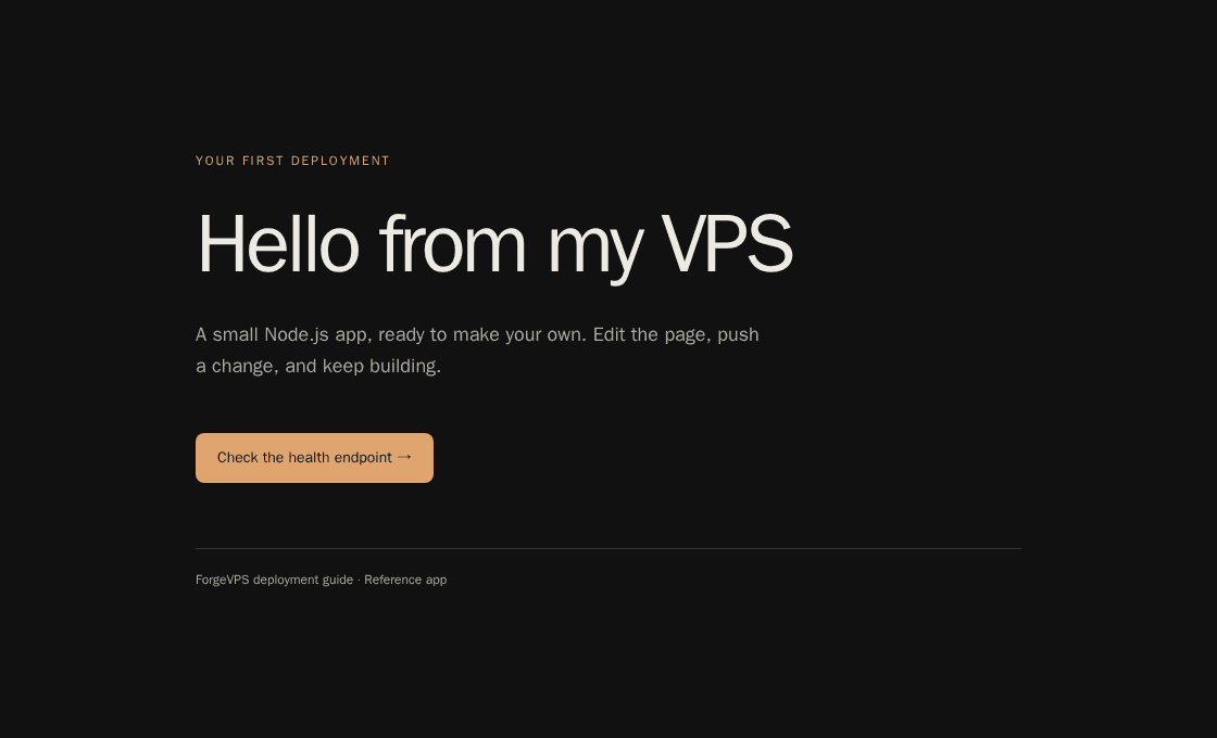Reference app showing Hello from my VPS, with a link to its health endpoint