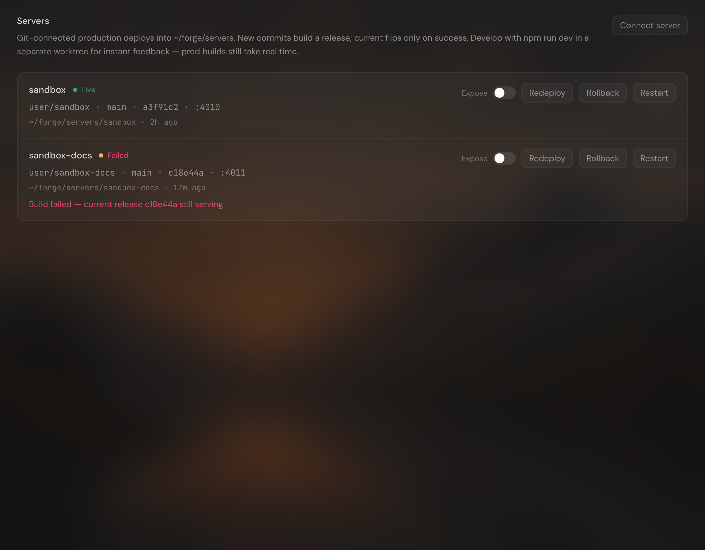 ForgeVPS servers panel showing a running demo app
